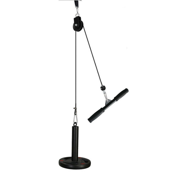 Durable home pulley fitness equipment with a weight attachment. Ideal for strength training and upper body workouts.