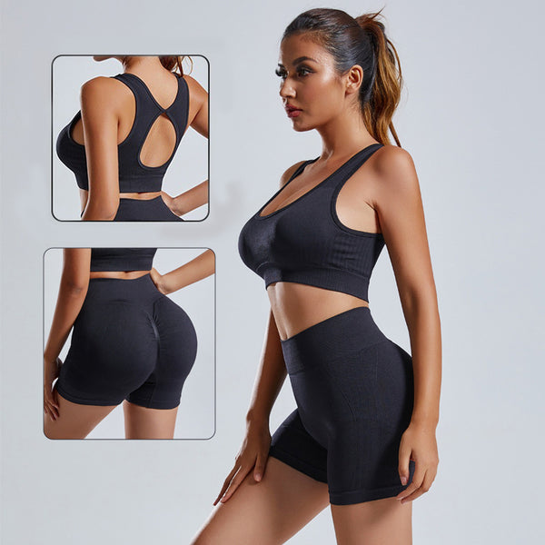 Black women's workout tracksuit set with a racerback vest and high-waisted shorts. Stylish and breathable activewear for gym and fitness sessions.