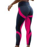 Black and pink seamless leggings with a honeycomb pattern, designed for gym workouts, yoga, and running.