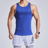 Men's fitness vest for running, made of 93% polyester in blue. Breathable and lightweight, available in sizes M-3XL, ideal for outdoor sports.