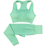 Mint green women’s high-waist gym set with a seamless sports bra and leggings. Stretchy, quick-dry fabric for workouts and activewear comfort.