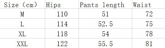 Size chart for men's sports cotton shorts, displaying hip, waist, and length measurements for sizes M to XXL.