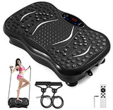 Whole Body Vibration Machine for home gym workouts. Features a textured vibration plate, resistance bands, remote control, and digital display for muscle toning and recovery.