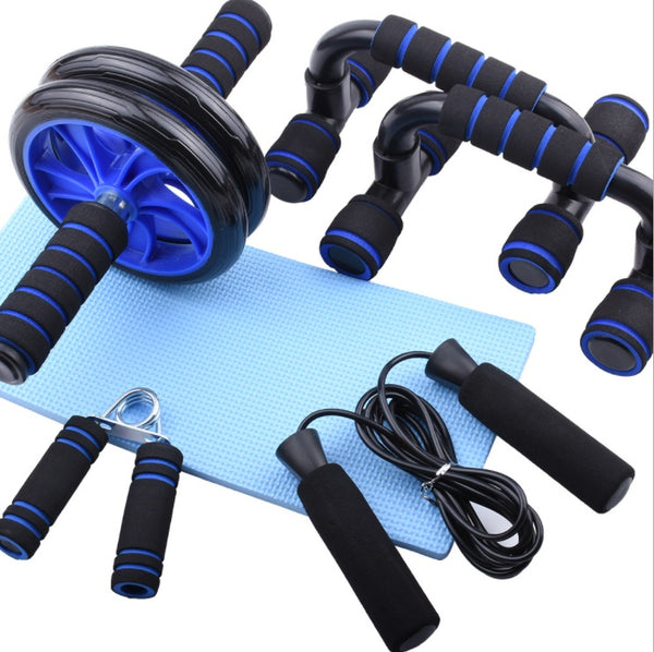 Home sports equipment kit featuring an ab roller, push-up bars, gripper, skipping rope, and knee mat for a complete home workout.