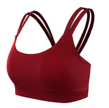 Close-up of the Women's Double Strap Fitness Bra in red, highlighting its sleek design and stretchable fabric. Perfect for workouts and active wear.