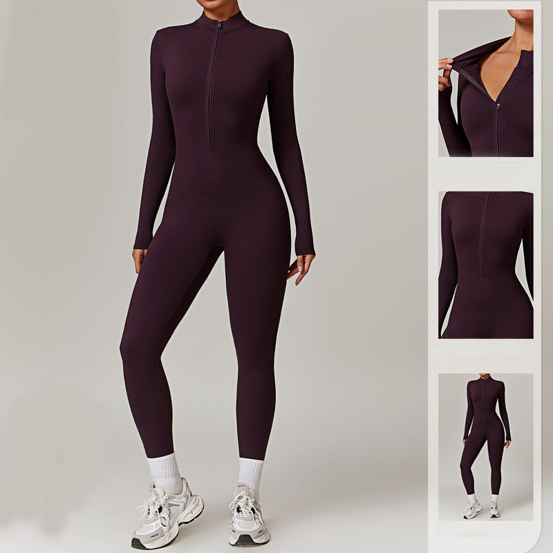 Deep purple yoga jumpsuit with long sleeves and front zipper, featuring multiple detail views. Moisture-wicking polyester fabric for fitness and running.