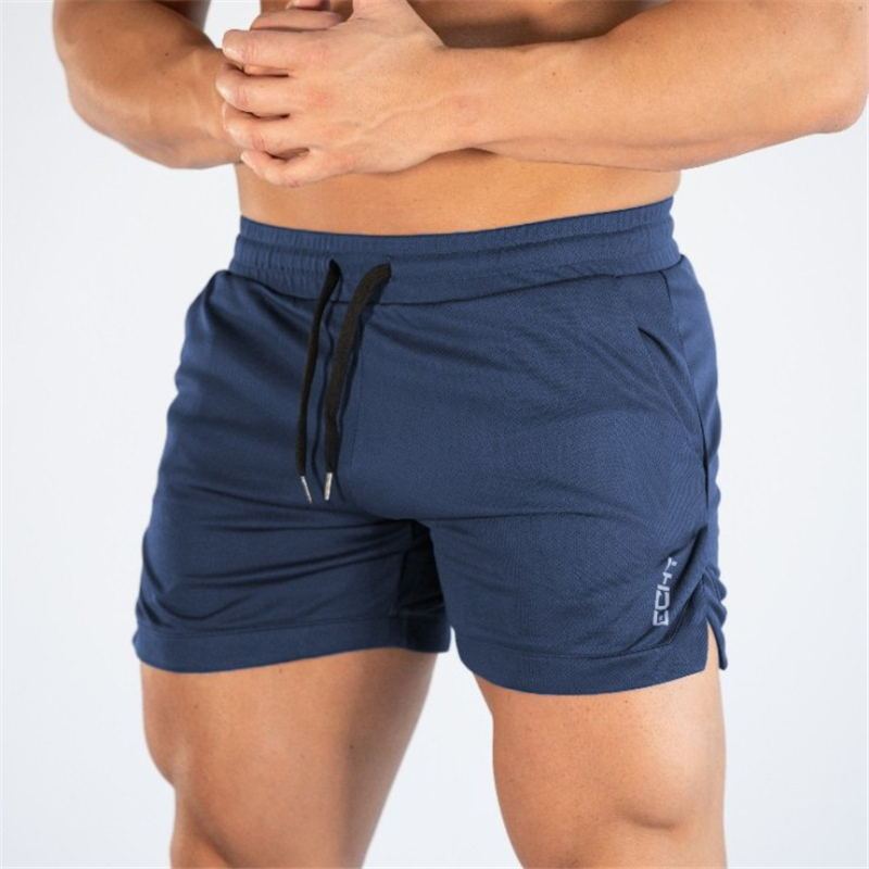 Men's fitness quick-dry shorts in navy blue, designed for gym and outdoor use. Made from breathable polyester with an adjustable drawstring waist.