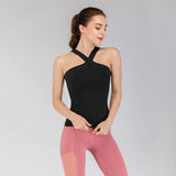 Black back cross fitness top made from a nylon-spandex blend, offering flexibility and comfort for workouts. Stylish and supportive sportswear.