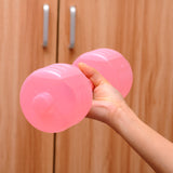 Hand holding a pink adjustable water dumbbell for home workouts. Ideal for strength training and easy weight customization.