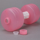 Pink water dumbbell with open cap showing its refillable design. Adjustable weight for customized home workouts.