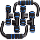 Set of black and blue Fitness Push-Ups Stand Bars with padded grips. Designed for improved push-up form and upper body strength training.