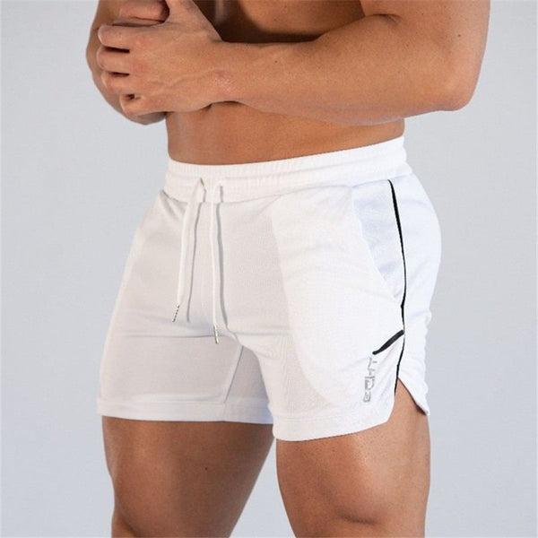 Men's fitness quick-dry shorts in white, designed for gym and outdoor use. Made from breathable polyester with side pockets and drawstring waist.