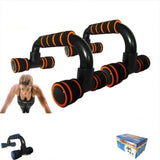 Black and orange Fitness Push-Ups Stand Bars with ergonomic foam grips. Includes packaging, ideal for home and gym strength training.