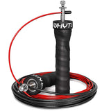 Portable home fitness jump rope with black ergonomic handles and red-black adjustable cable. Ideal for effective cardio workouts and endurance training.