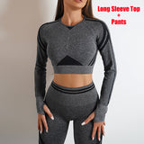 Seamless yoga pants and long sleeve top set in dark gray. Butt-lifting, slim-fit workout sportswear for gym and casual wear. Comfortable and stylish.