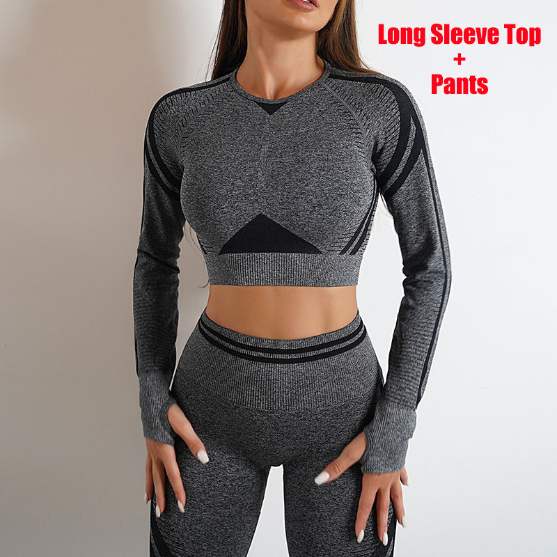 Seamless yoga pants and long sleeve top set in dark gray. Butt-lifting, slim-fit workout sportswear for gym and casual wear. Comfortable and stylish.