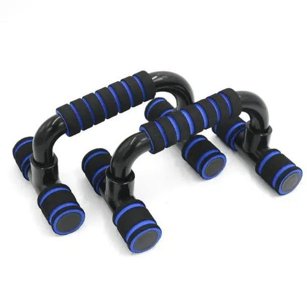 Pair of black and blue Fitness Push-Ups Stand Bars with foam grips. Durable and ergonomic push-up stands designed for strength training.