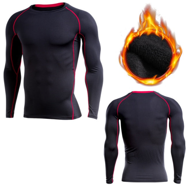 Men's fitness clothing featuring a black long-sleeve compression shirt with red stitching. Made from polyester and spandex for durability and flexibility.