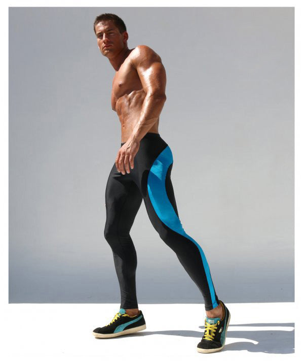 Men's sports pants with a tight stretch fit, designed for fitness and running. Breathable nylon material in black with blue accents for comfort and style.