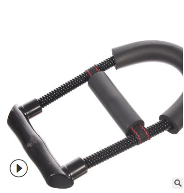 Close-up of forearm exerciser featuring sturdy spring steel and padded grip. Ideal for strength training and muscle toning.