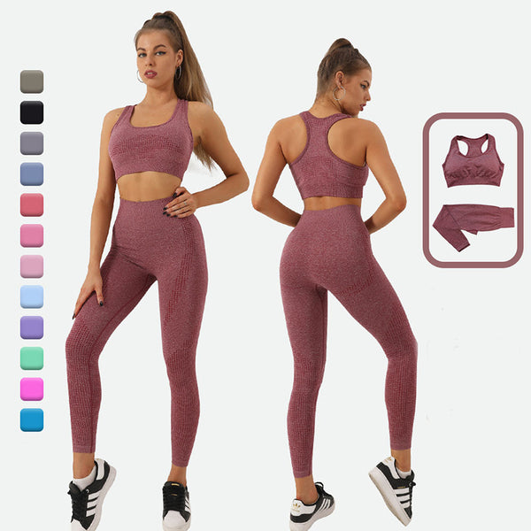 Women’s gym tracksuit set in maroon, displayed in front and back views with multiple color options. High-waist leggings and sports bra for activewear.