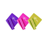 Set of three yoga fitness resistance bands in purple, pink, and green. Perfect for enhancing flexibility, strength training, and rehabilitation exercises.