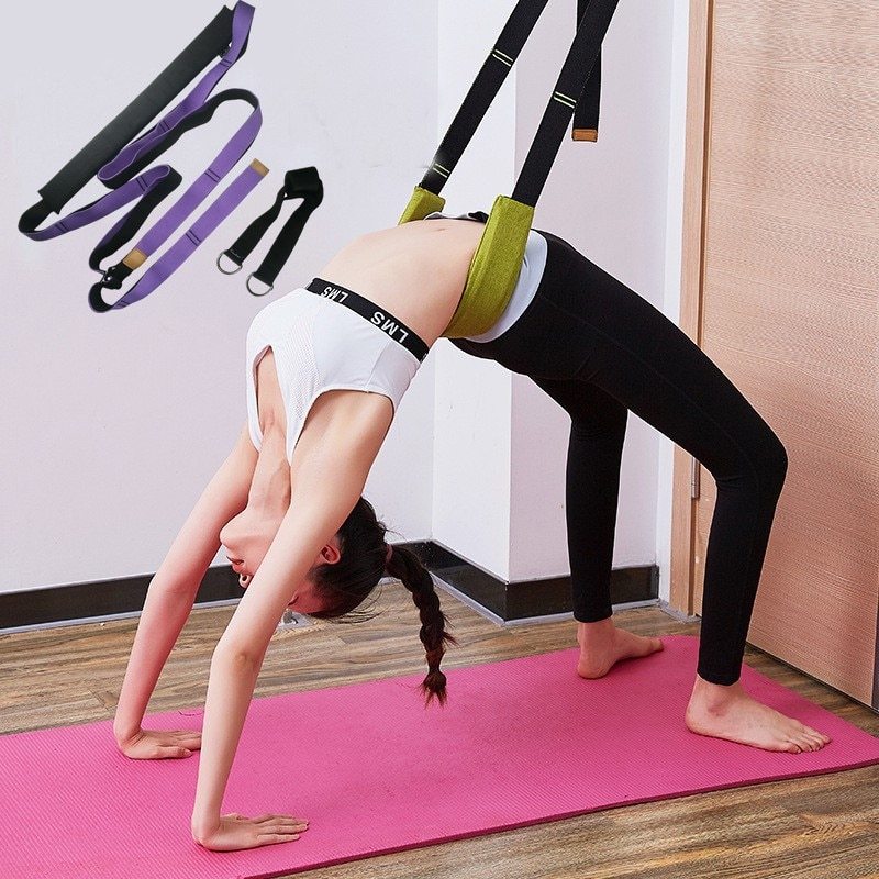 Woman using a yoga strap gym belt for backbend support on a pink yoga mat. Durable and multi-use for stretching and exercise.