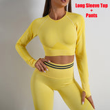 Seamless yoga pants and long sleeve top in vibrant yellow. Butt-lifting, slim-fit workout sportswear for gym and casual wear.