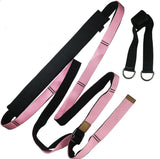 Pink and black yoga strap gym belt set with adjustable straps. Designed for enhanced flexibility and stretching routines.