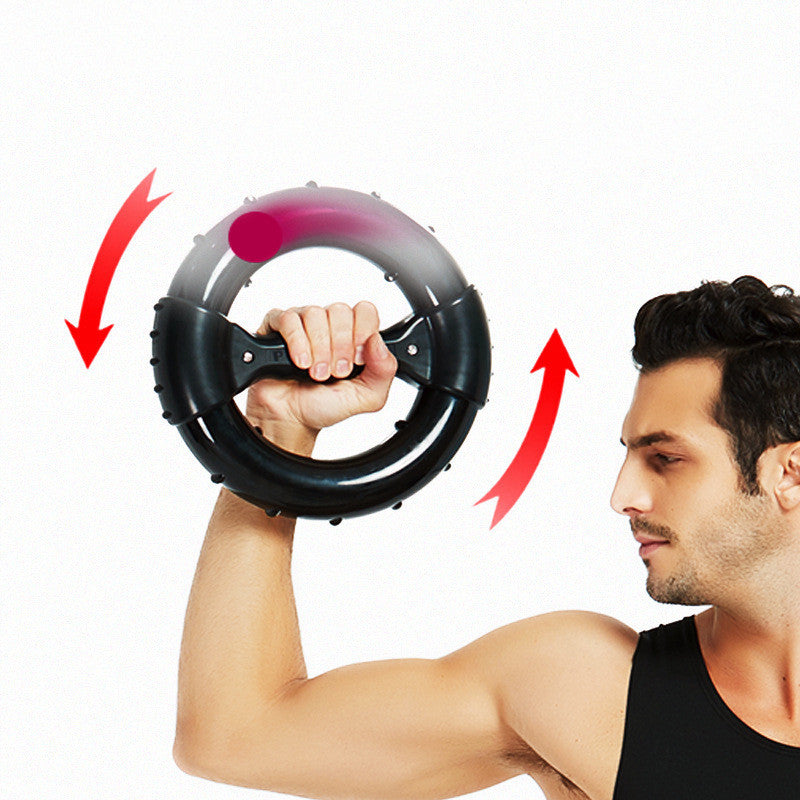 Man performing upper body workout with portable muscle gym equipment. Innovative fitness tool for strength training and muscle building.