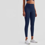 Navy blue moisture-wicking yoga pants with a high waist and slim fit. Ideal for fitness, running, and yoga sessions. Sizes S to XL.