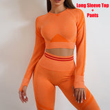 Seamless yoga pants and long sleeve top in vibrant orange. Butt-lifting, slim-fit workout sportswear for gym and casual wear. Comfortable and stylish.