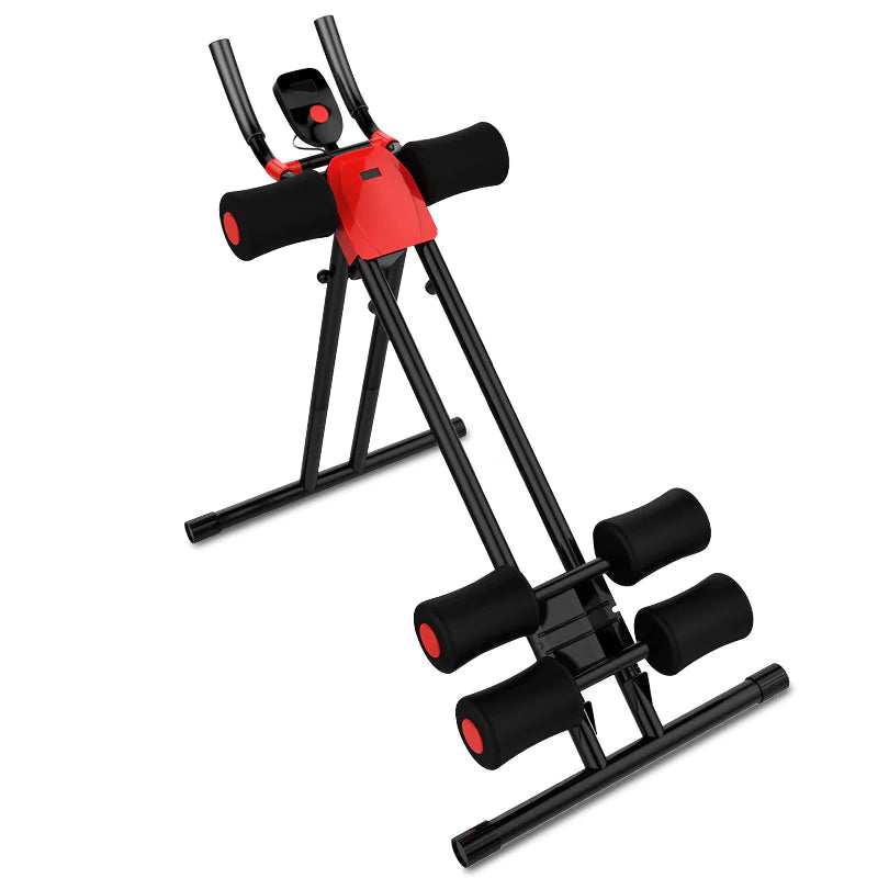 Black and red ab workout machine with padded rollers. Designed for core workouts, offering stability and comfort for home gym users.