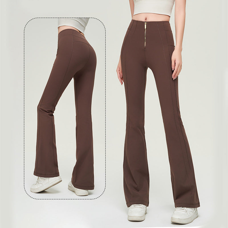 Brown high waist slimming trousers with a front zipper, shown from front and back. Stylish and form-fitting for a sleek silhouette.