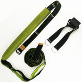 Green and black yoga strap gym belt set with padded support. Perfect for yoga, pilates, and therapy exercises.