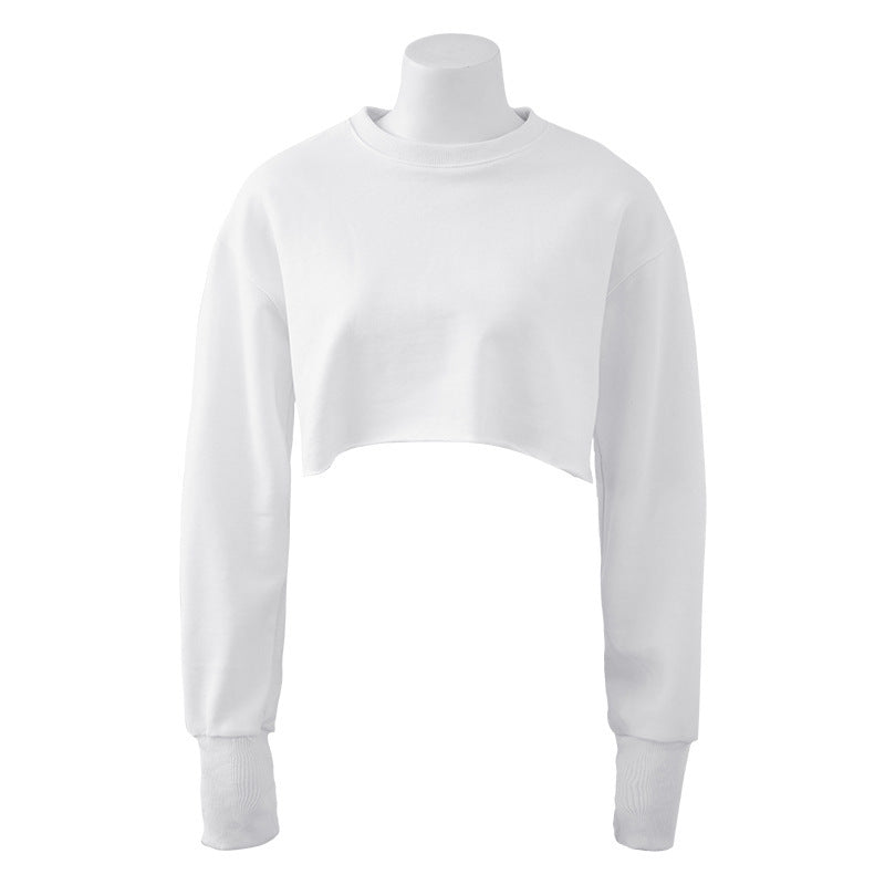 White women's crop fitness sport top with long sleeves and a round collar. Soft cotton fabric for comfort and style.