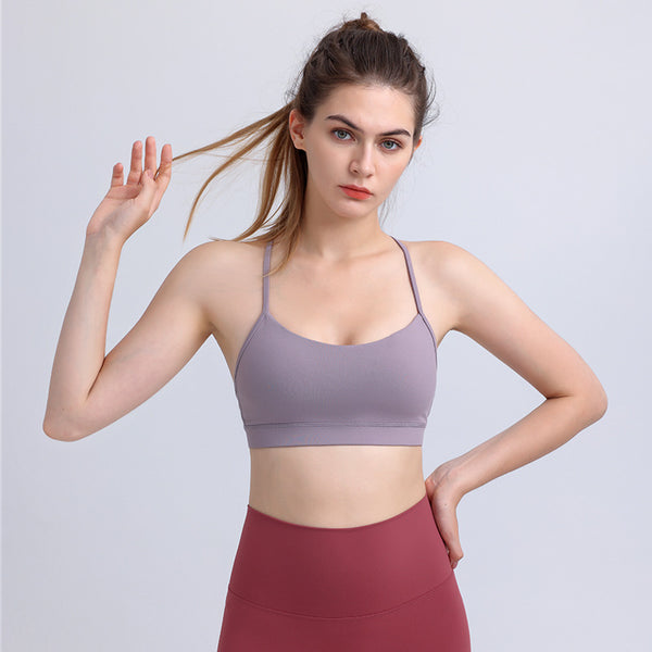 Women's Sling Yoga Fitness Bra in light purple, made of breathable nylon. Perfect for summer workouts, available in S-XL sizes.