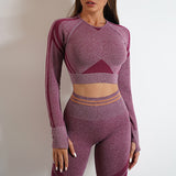 Purple seamless yoga pants and long sleeve top. Butt-lifting, slim-fit sportswear perfect for gym and workouts.