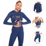 Three-piece seamless workout set in blue nylon, including a crop top, sports bra, and high-waisted yoga pants. Designed for flexibility and support.