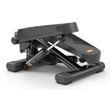 Compact black mini stepper with hydraulic resistance system, ideal for home workouts with adjustable incline and sturdy steel frame.