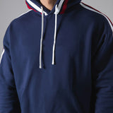 Navy blue sports fitness pullover with red, white, and blue striped sleeves, hood, and drawstrings. Comfortable cotton fabric, sizes S-3XL.