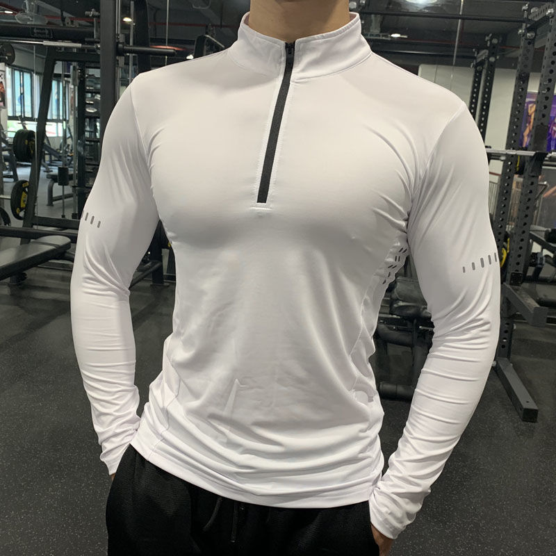 White half-zipper fitness sweatshirt with long sleeves, designed for sweat absorption and ventilation. Ideal for workouts and active wear.