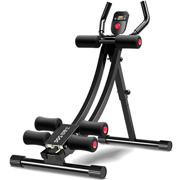 Ab workout machine with digital display for core training. Ideal for home gym setups, featuring padded supports and sturdy black frame.