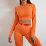 Seamless yoga pants and long sleeve top in vibrant orange. Butt-lifting, slim-fit sportswear ideal for workouts and casual wear. Shop now!