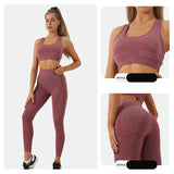 Women’s high-waist gym tracksuit set in maroon, featuring a seamless sports bra and leggings. Quick-dry fabric, perfect for workouts and activewear.