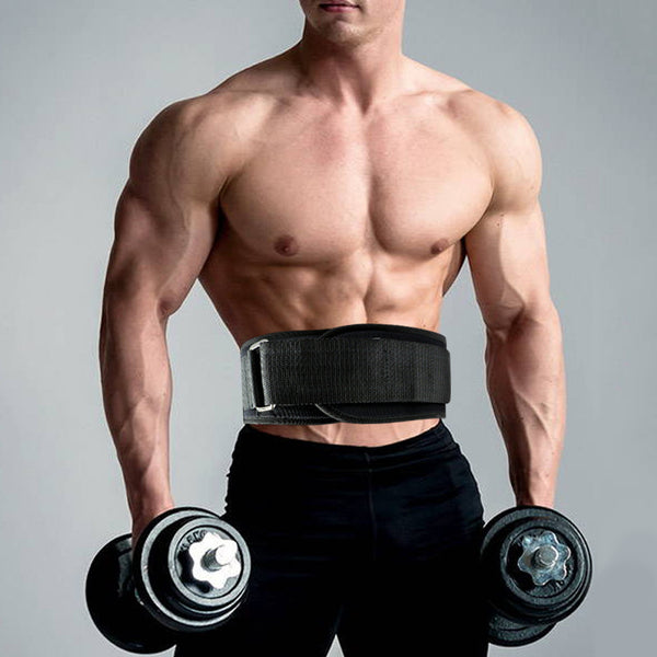 Breath Fitness Weightlifting Belt worn by a muscular man lifting dumbbells. Provides core support for weightlifting and squatting exercises.