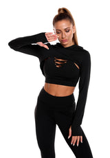 Black seamless workout outfit with a hooded crop top, cutout sports bra, and high-waisted leggings. Ideal for gym sessions and active lifestyles.