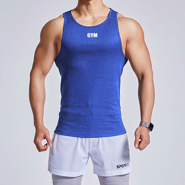 Men's fitness vest for running and outdoor workouts in blue. Made of 93% polyester, available in sizes M-3XL, perfect for sports and gym use.