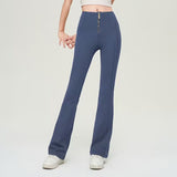 Blue high waist slimming trousers with a front zipper, offering a snug and stylish fit. Made of solid color nylon for a sleek appearance.