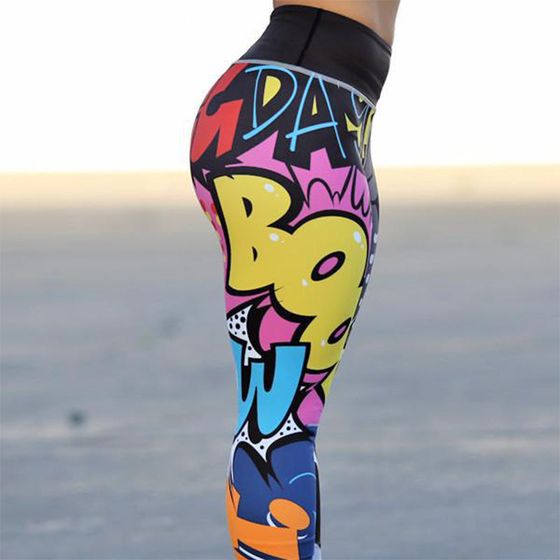 Graffiti-style seamless leggings with a vibrant multicolor design, ideal for fitness and casual streetwear.